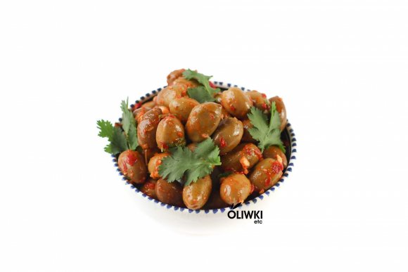 Oliwki Tsakistes z pestką w czosnku, chilli i kolendrze 200g